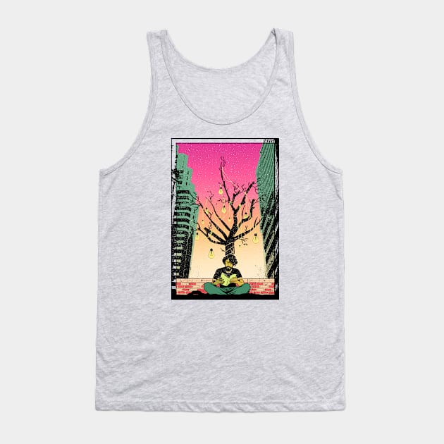 Man reading on a rooftop Tank Top by Mended Arrow